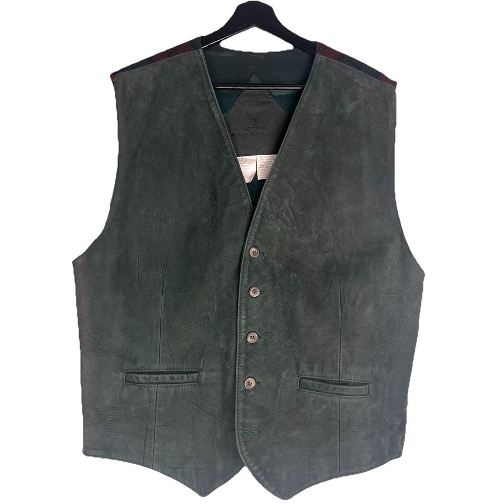 Vintage JJ Farmer Vest Size L  Green Leather‎ Red Green Plaid Christmas Holiday